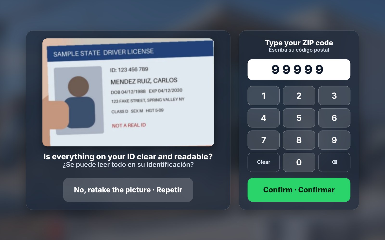 ID picture review screen with a ZIP code keypad, showing a sample ID