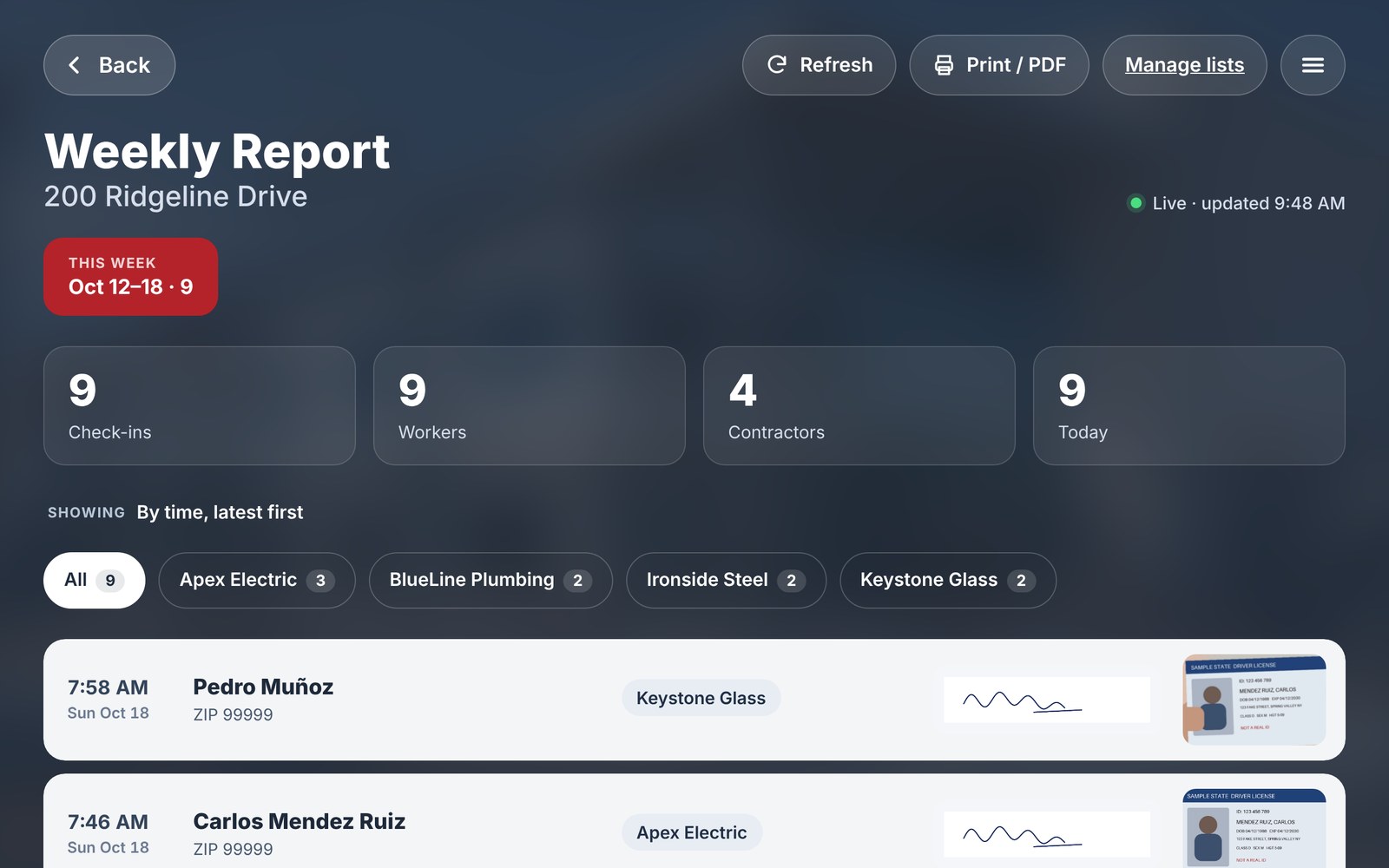 Weekly Report with totals, company filters and sign in rows
