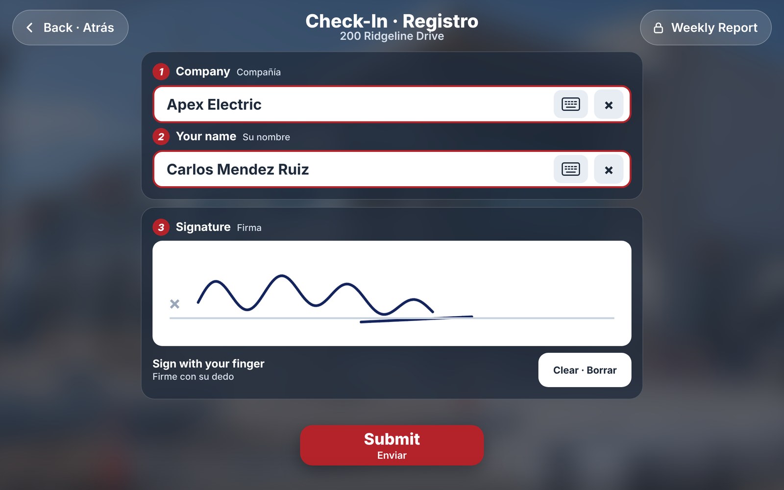 Check in screen with company, name and a signature